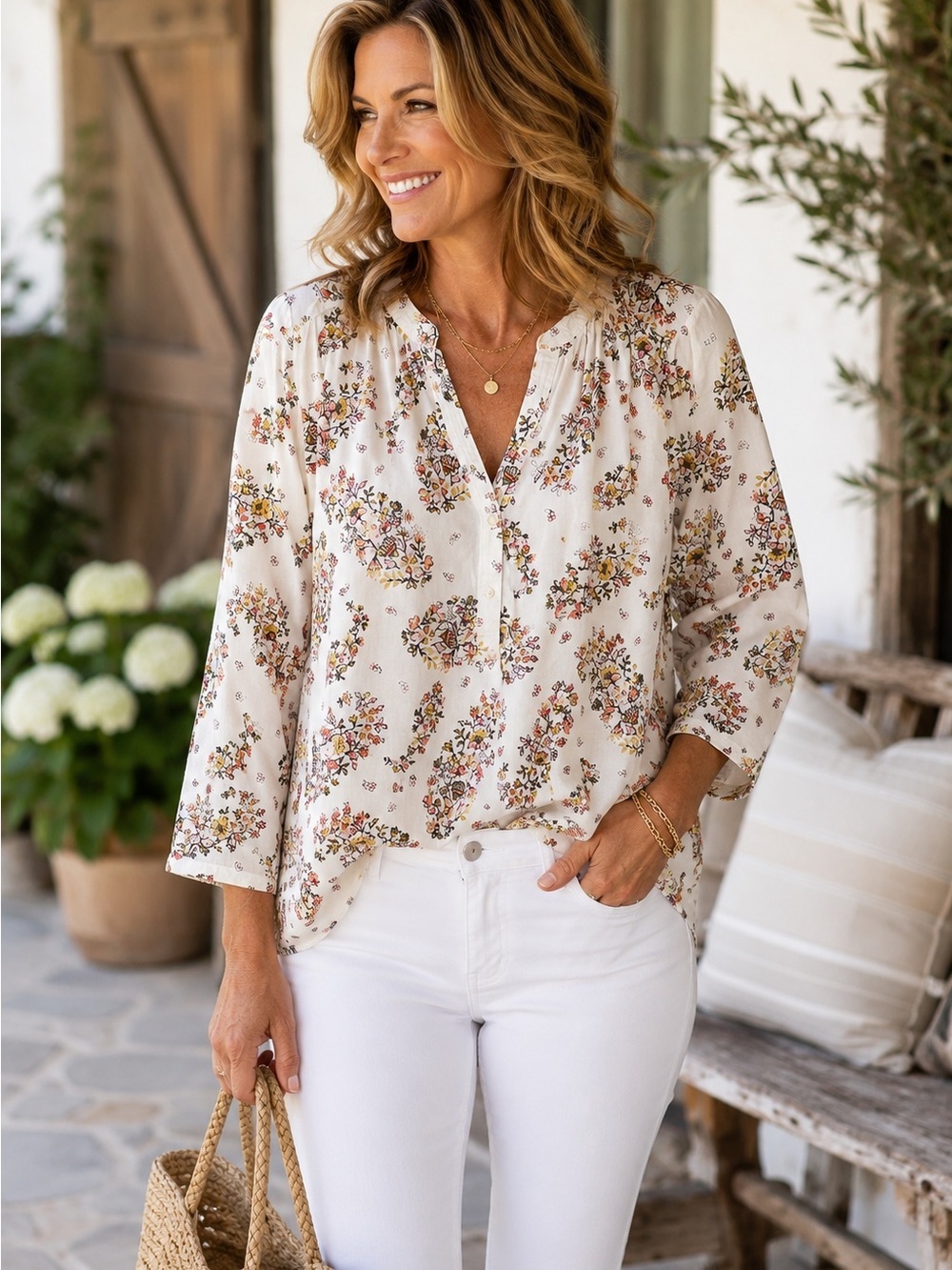 Floral Boho Peasant Blouse | 3/4 Sleeve Split Neck Top | Cottagecore Boho Casual